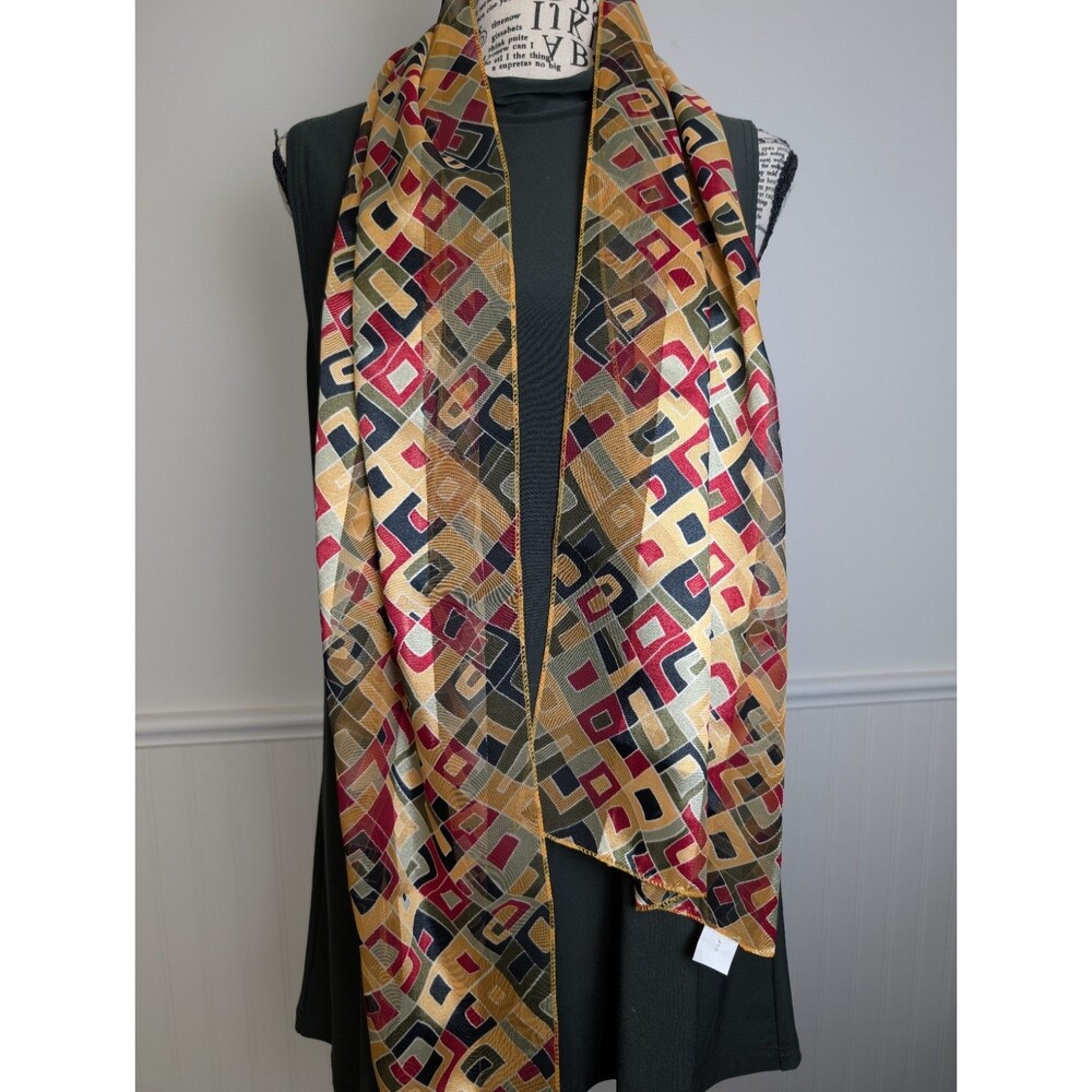 Vintage 1980s Scarf Yellow and Red Geometric Rectangular Pattern Made In Korea
